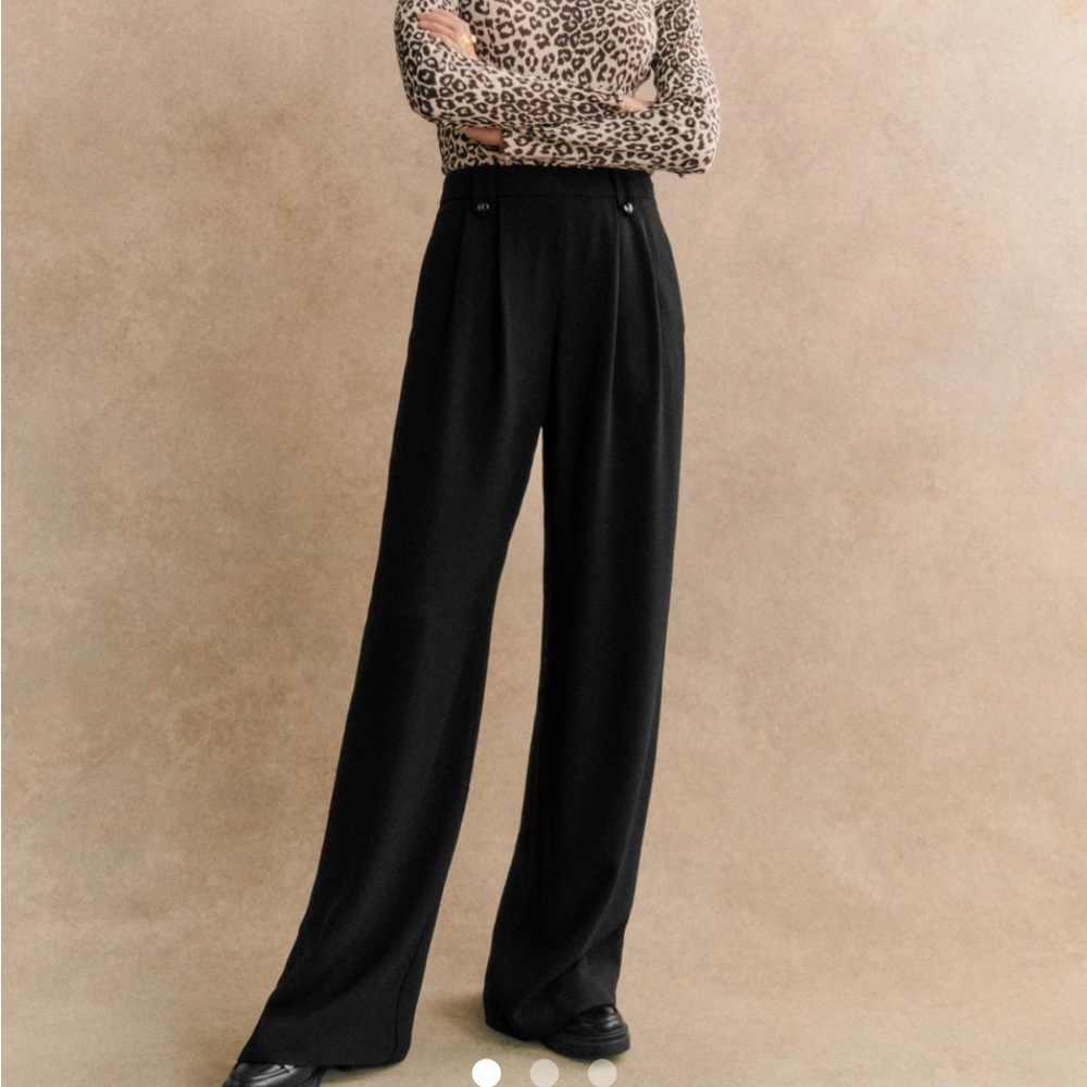 Sezane Loulou Elegant Black pleated lined Women's wide leg Pants